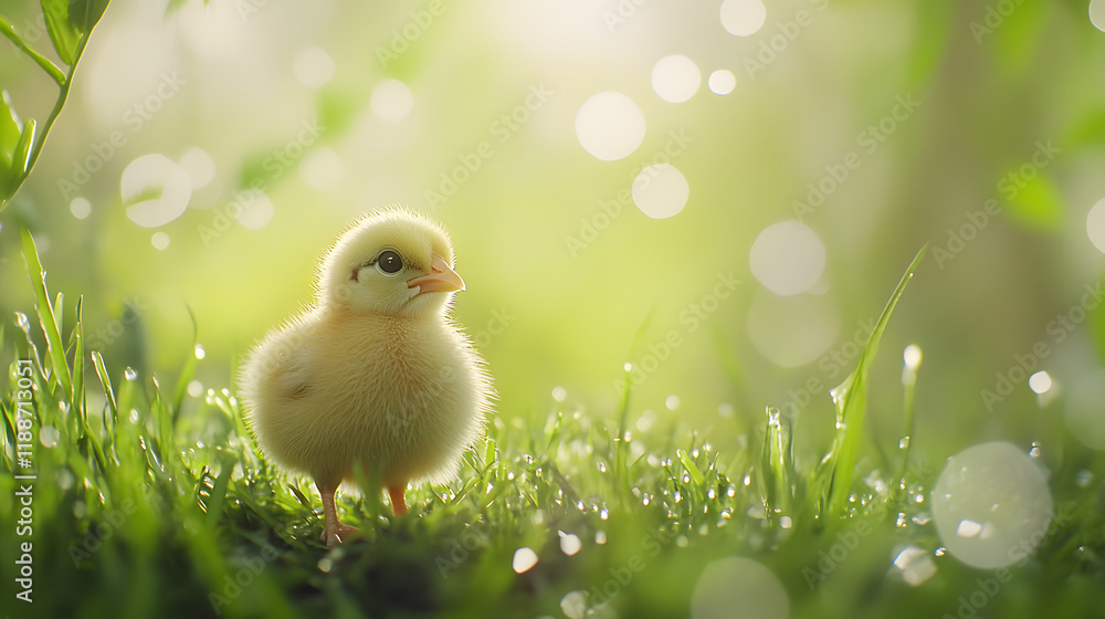 Newly hatched chick standing on fresh green grass in soft morning light. Newly hatched chick standing on fresh green grass in soft morning light.