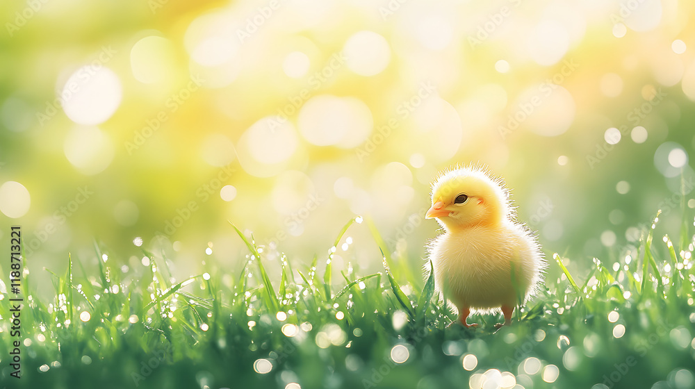 Newly hatched chick standing on fresh green grass in soft morning light. Newly hatched chick standing on fresh green grass in soft morning light.