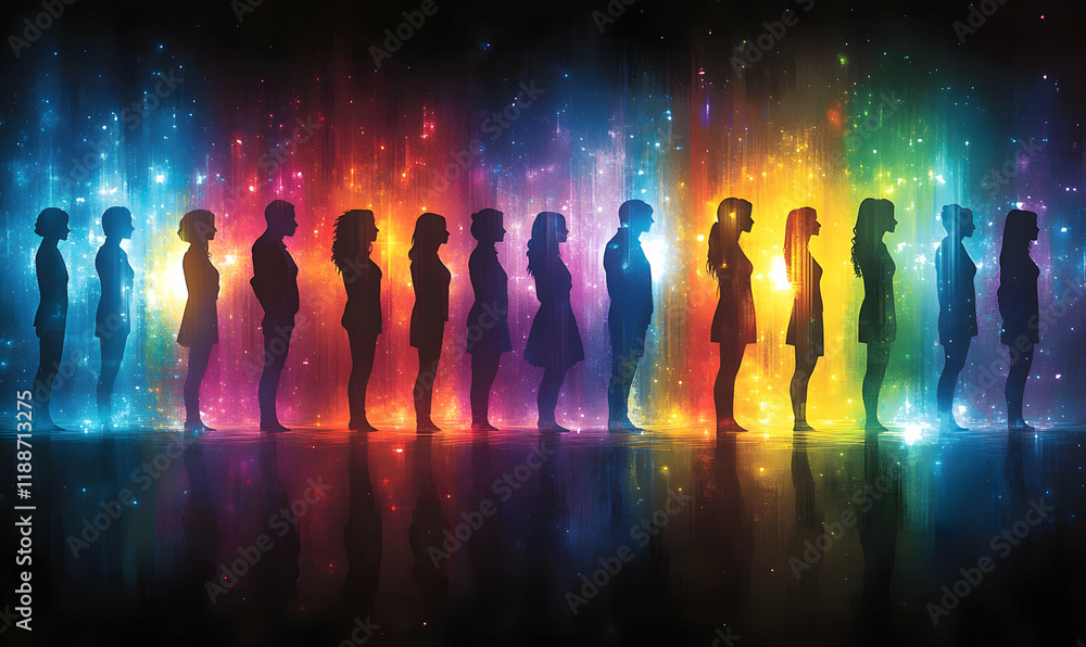Colorful silhouettes, cosmic background, unity Colorful silhouettes, cosmic background, unity