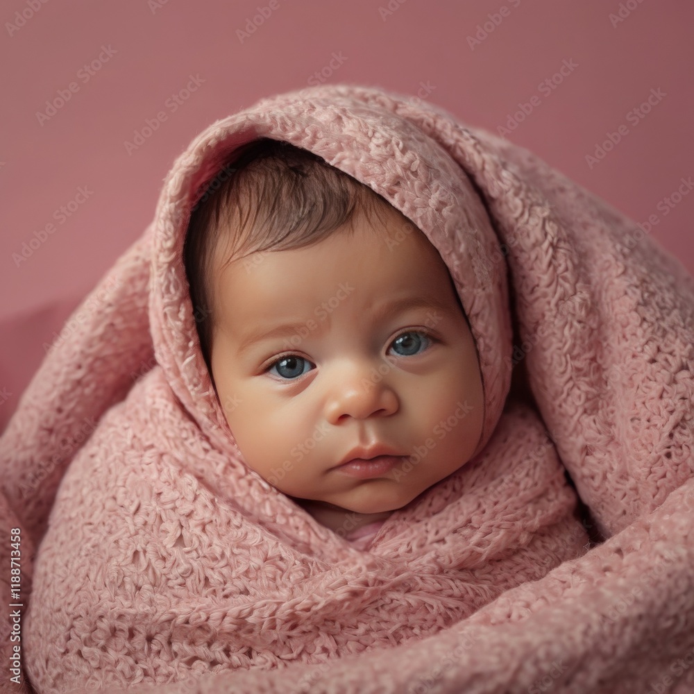Portrait of a newborn baby wrapped in a pink blanket on a pink background Portrait of a newborn baby wrapped in a pink blanket on a pink background