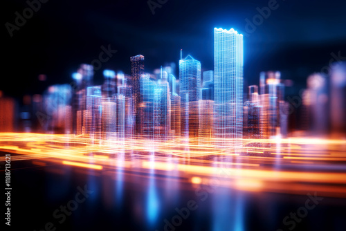 Dynamic nighttime cityscape with futuristic skyscrapers urban environment digital art vibrant light trails aerial view technology concept