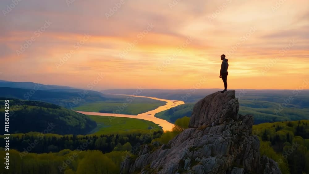 Majestic Sunset View: A Man on a Mountain Peak Majestic Sunset View: A Man on a Mountain Peak