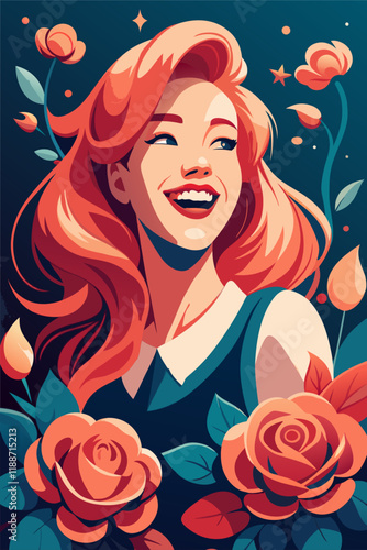 Beautiful red-haired woman with a radiant smile surrounded by vibrant roses and leaves.