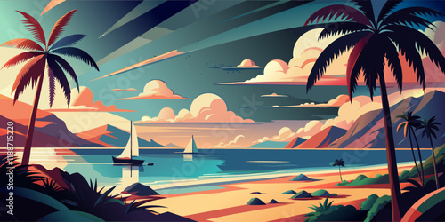 Tropical Beach Scene with Palm Trees and Sailing Boats.