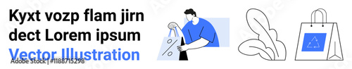 Person holding a reusable shopping bag, leaf elements, and a shopping bag with recycling symbol. Ideal for sustainability, eco-friendly living, environmental awareness, green shopping, waste