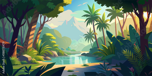 Tropical Paradise with Lush Greenery and Serene River.