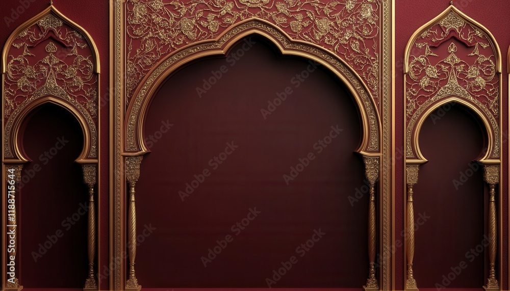 Naklejka premium Elegant Golden Archways with Intricate Arabesque Design on a Rich Maroon Wall Background.