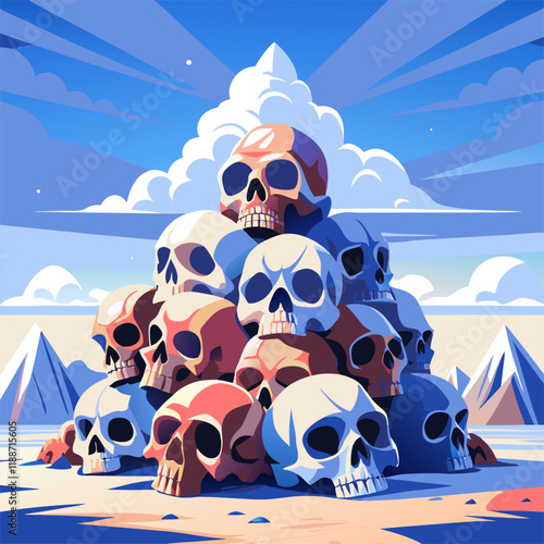 Pile of Colorful Skulls in a Desert Landscape with Blue Sky.