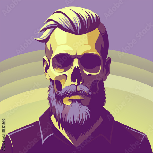 Modern Hipster Character with Beard and Sunglasses Skull Art.