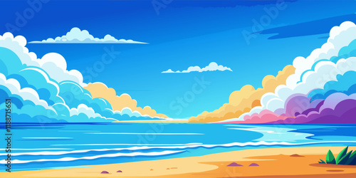 Beautiful tropical beach scene with colorful clouds and calm sea.