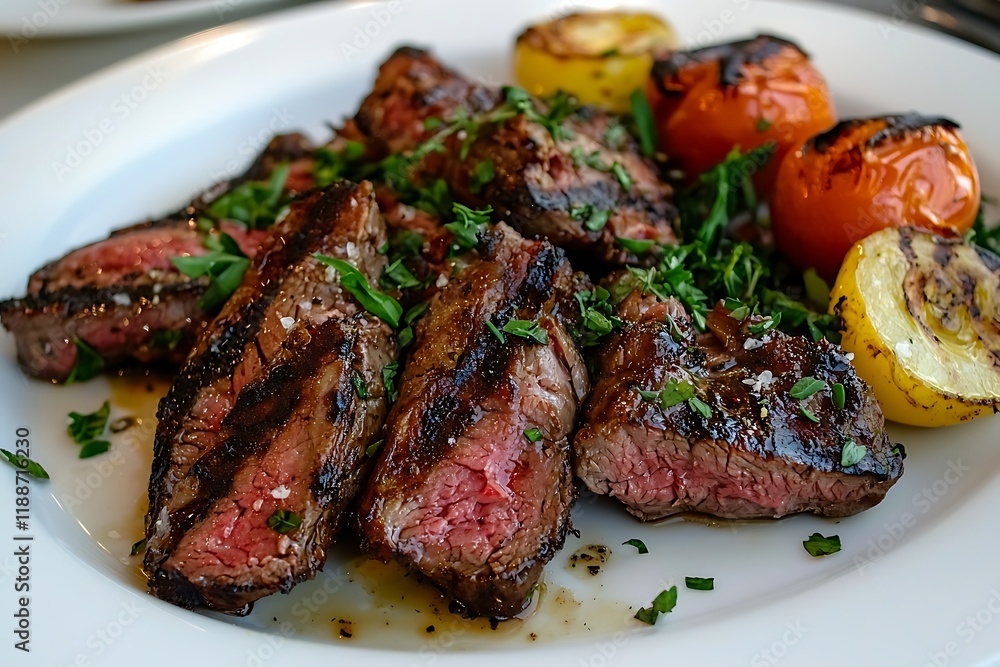 Spicy Grilled Meat with Vegetables on a Plate and Fresh Herbs Spicy Grilled Meat with Vegetables on a Plate and Fresh Herbs