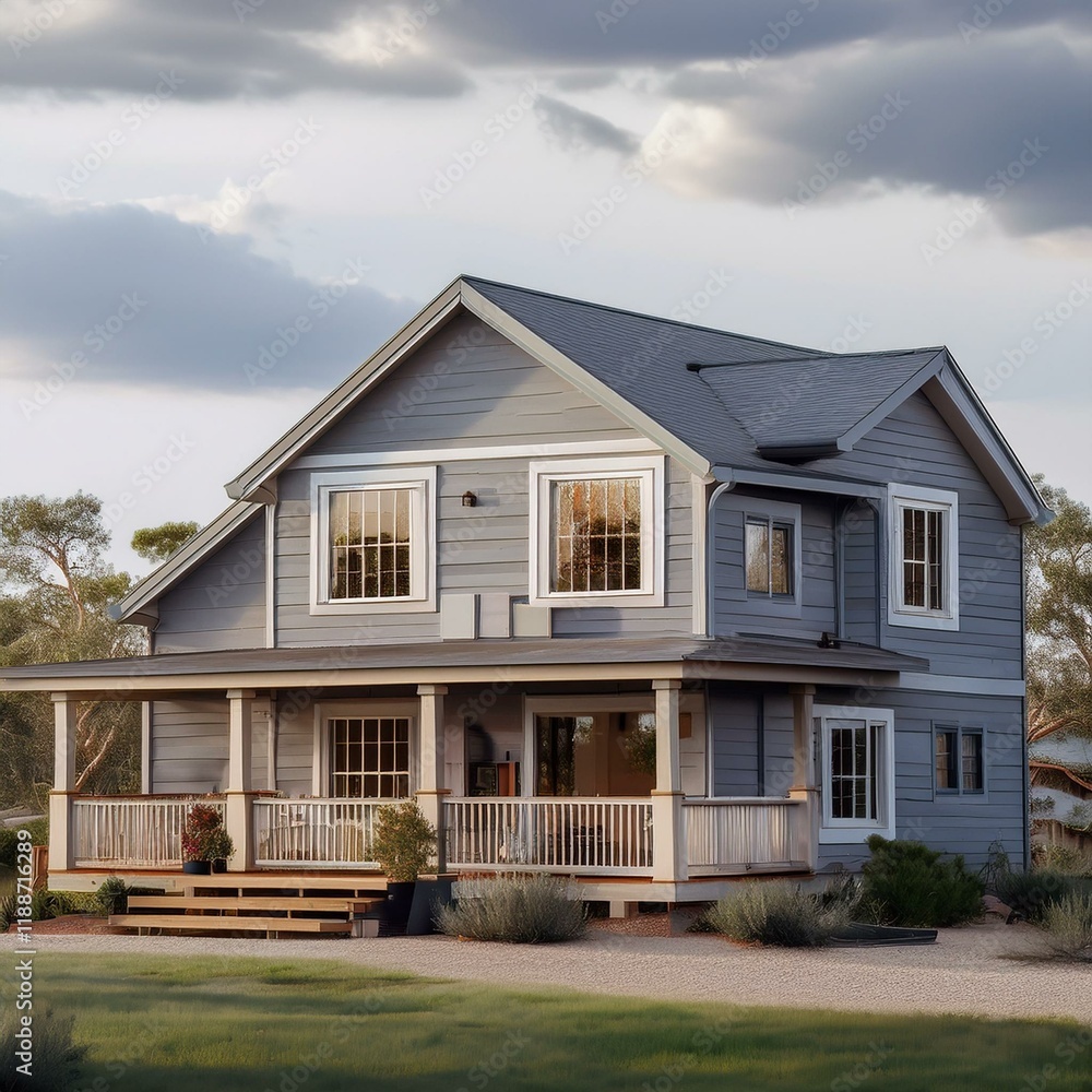 A wite ranch style model house with fence and green garden A wite ranch style model house with fence and green garden