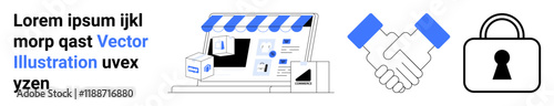 E-commerce storefront with products, handshake signifying partnership, and padlock symbolizing security. Ideal for online shopping, business collaboration, e-commerce security, digital transactions