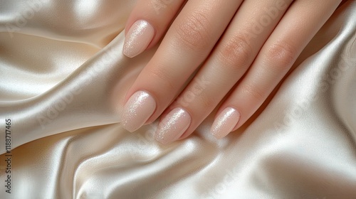 Wallpaper Mural Hands with soft pink nails and delicate glitter details, resting on a stylish and elegant silk cloth for a luxurious vibe. Torontodigital.ca