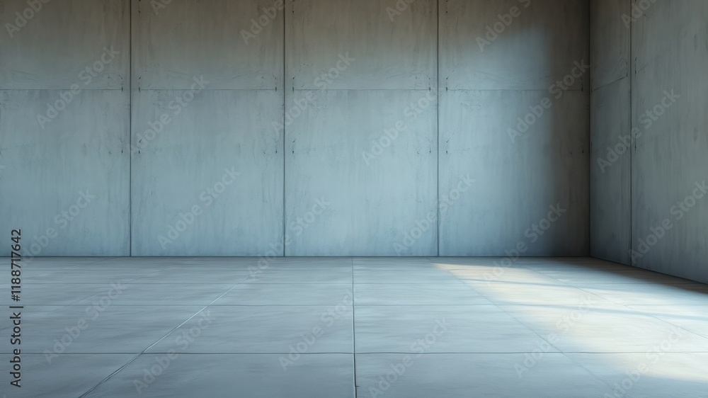Empty Room with Concrete Walls and Tiled Floor, Sunlit Corner Empty Room with Concrete Walls and Tiled Floor, Sunlit Corner