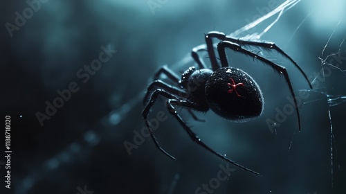 A sleek black widow spider with its iconic red hourglass marking, perched on a thin silk thread, standing out against a dark and mysterious backdrop. photo