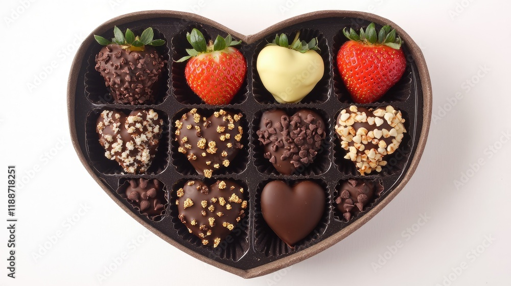 Heart-shaped box of chocolate-dipped strawberries, styled with a variety of flavors and toppings, captured in a flat lay perspective.