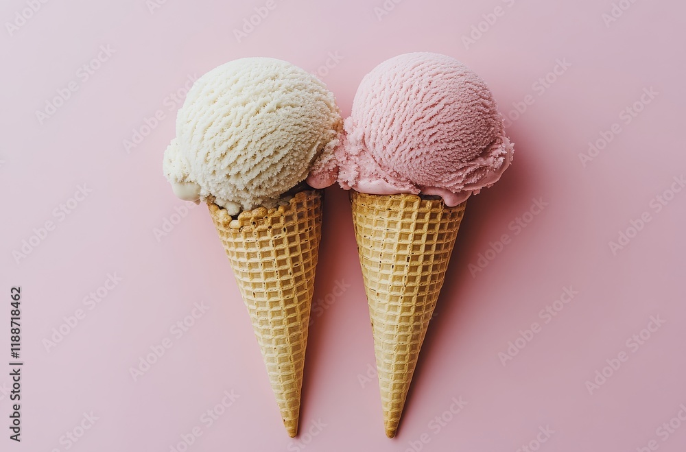 Ice cream cone with two heart-shaped fur balls on pastel pink background. Minimal studio shot with copy space for text design. Ice cream cone with two heart-shaped fur balls on pastel pink background. Minimal studio shot with copy space for text design.