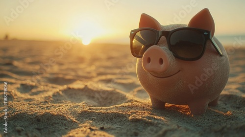 Endearing Beach Piggy Bank with Sunglasses