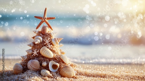 beach scene starfish and seashells are arranged in the shape of an outdoor Christmas tree. against a blurred backdrop of sparkling waves in sunlight, it blends holiday banner/web/poster/design/flyer 
