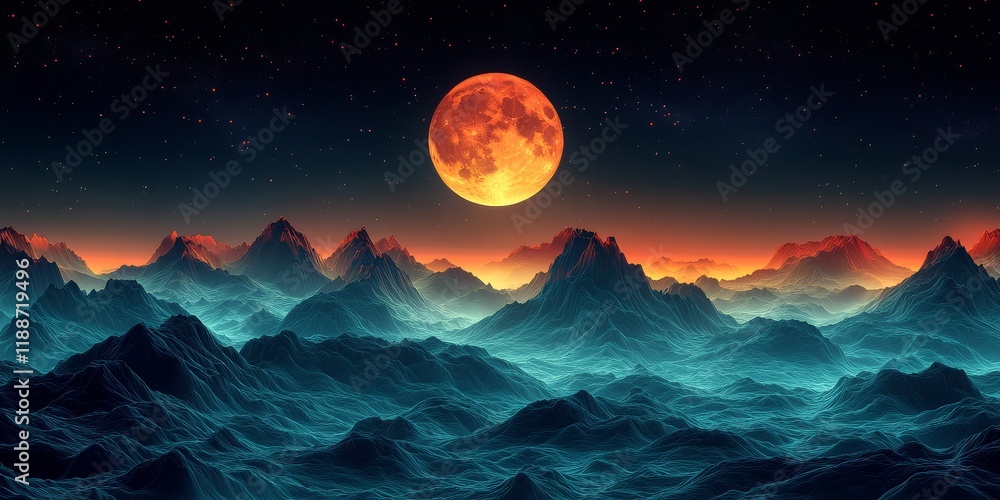 Abstract mountain range in blue-green and yellow gradient with vegetation under a starry sky. Mysterious digital artwork with moon and scattered red dots. Abstract mountain range in blue-green and yellow gradient with vegetation under a starry sky. Mysterious digital artwork with moon and scattered red dots.
