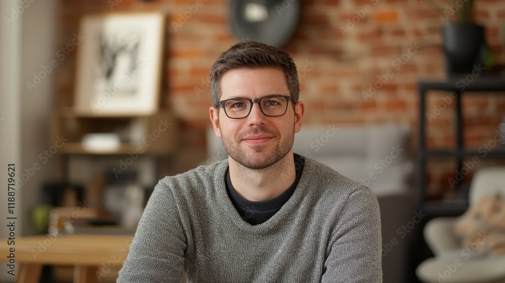 Portrait of a smiling man with glasses in a cozy home. Portrait of a smiling man with glasses in a cozy home.