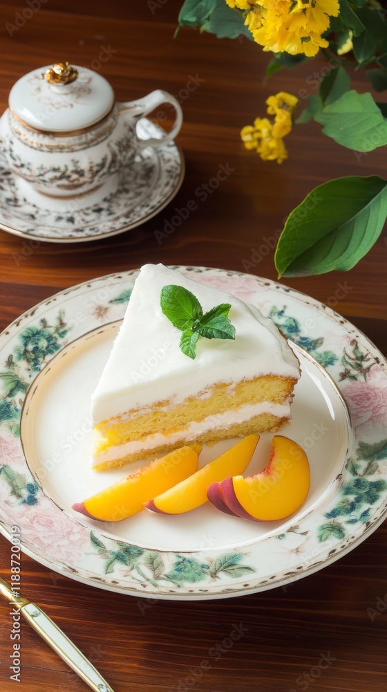 A Slice of Peachy Delight: Exquisite Cake on a Decorative Plate A Slice of Peachy Delight: Exquisite Cake on a Decorative Plate