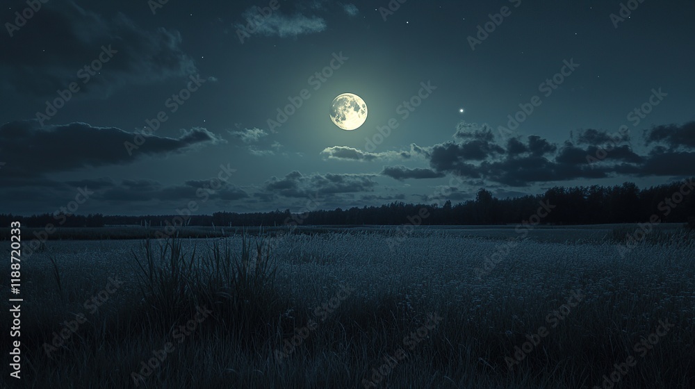 Fototapeta premium Full moon over tranquil field at night.