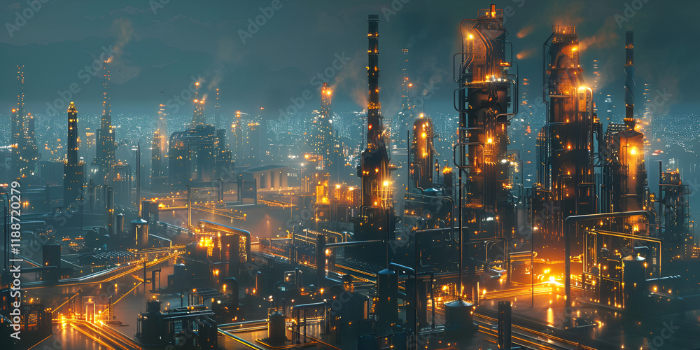 Fototapeta premium Illuminated Industrial Oil Refinery at Night with Towering Structures and Smoke 