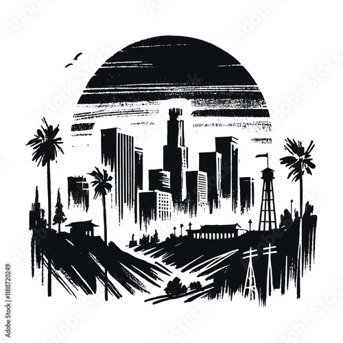 Minimalistic brush-style Los Angeles landscape in bold black vector lines
