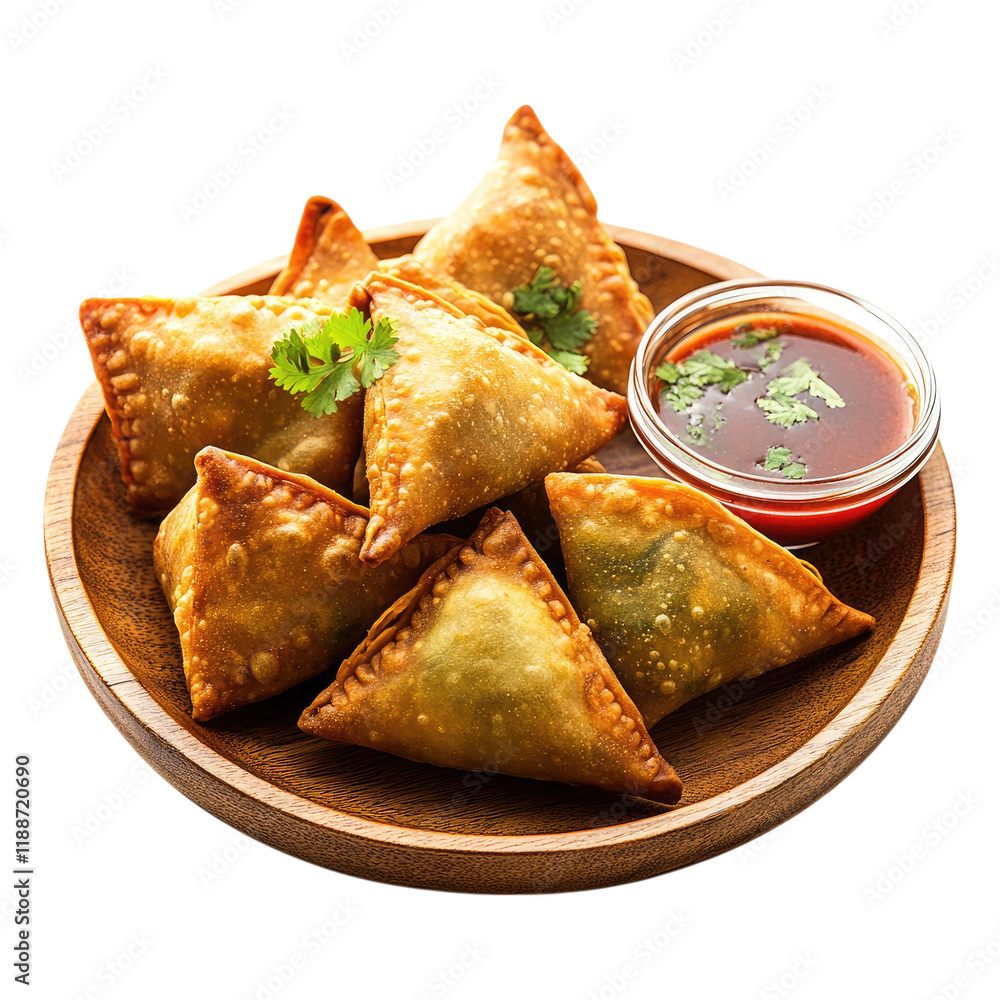 Crispy samosas with chutney sauce isolated on white or transparent PNG Crispy samosas with chutney sauce isolated on white or transparent PNG