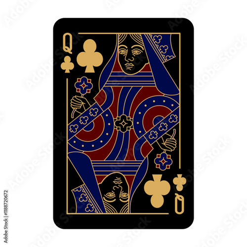 Queen of Clubs Poker playing card isolated on white background. Black, gold, blue and red color design. Vector illustration.