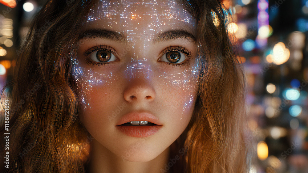 Female face with blue digital glowing projections in a futuristic and modern environment. Generated with AI. Female face with blue digital glowing projections in a futuristic and modern environment. Generated with AI.