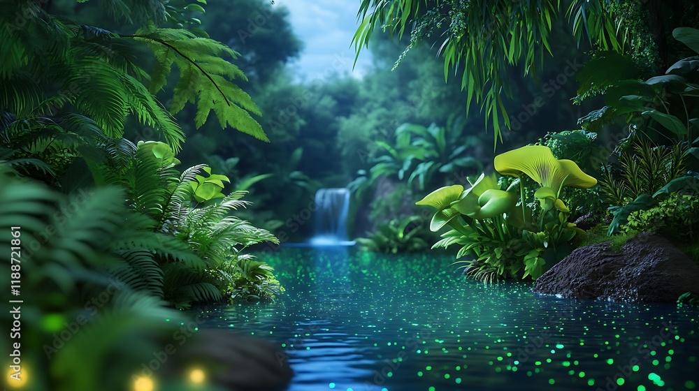 Fototapeta premium A lush green jungle with a waterfall and a stream