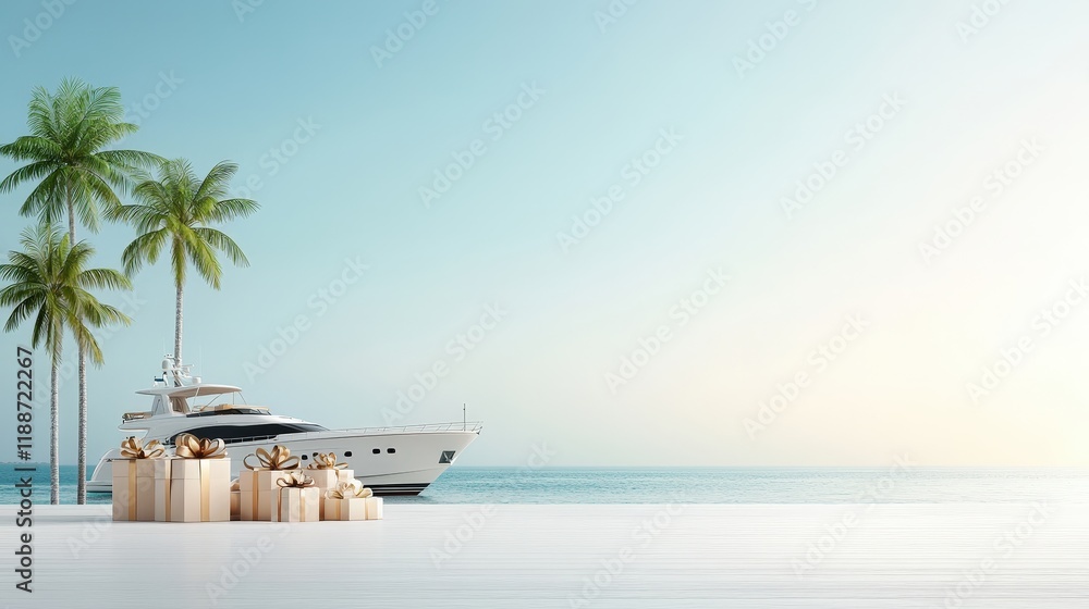 Naklejka premium A white boat is docked on a beach next to two palm trees