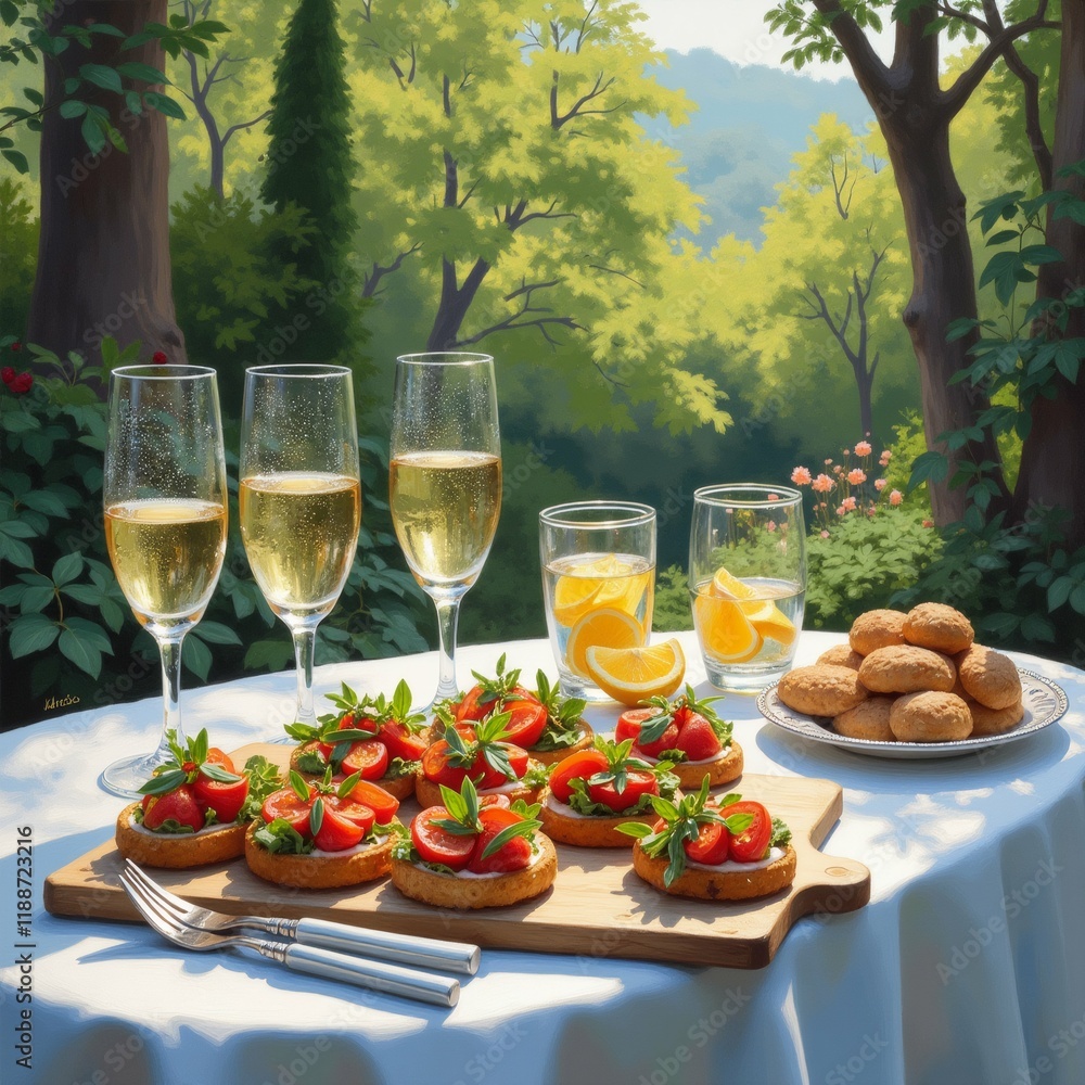 The image shows a table set up in a garden with a beautiful view of the countryside. The image shows a table set up in a garden with a beautiful view of the countryside.