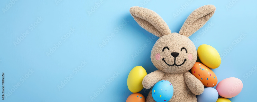 Obraz premium Cute bunny plush toy surrounded by colorful Easter eggs on blue background