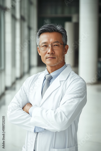 Experienced Chinese male doctor standing confidently in a modern hospital hallway