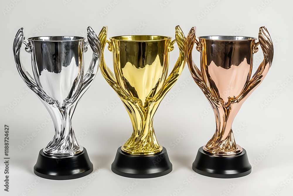 A catalog picture of three shiny gold silver trophy A catalog picture of three shiny gold silver trophy