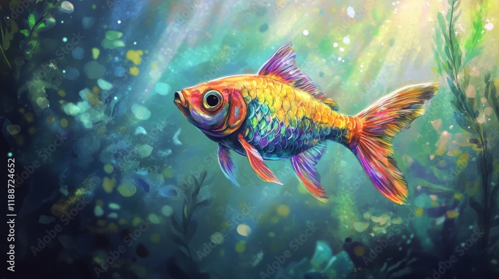 Fototapeta premium Vibrant iridescent goldfish swimming in sunlit underwater scene.