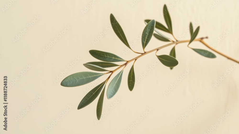 Obraz premium Elegant sprig of green leaves on a soft beige background