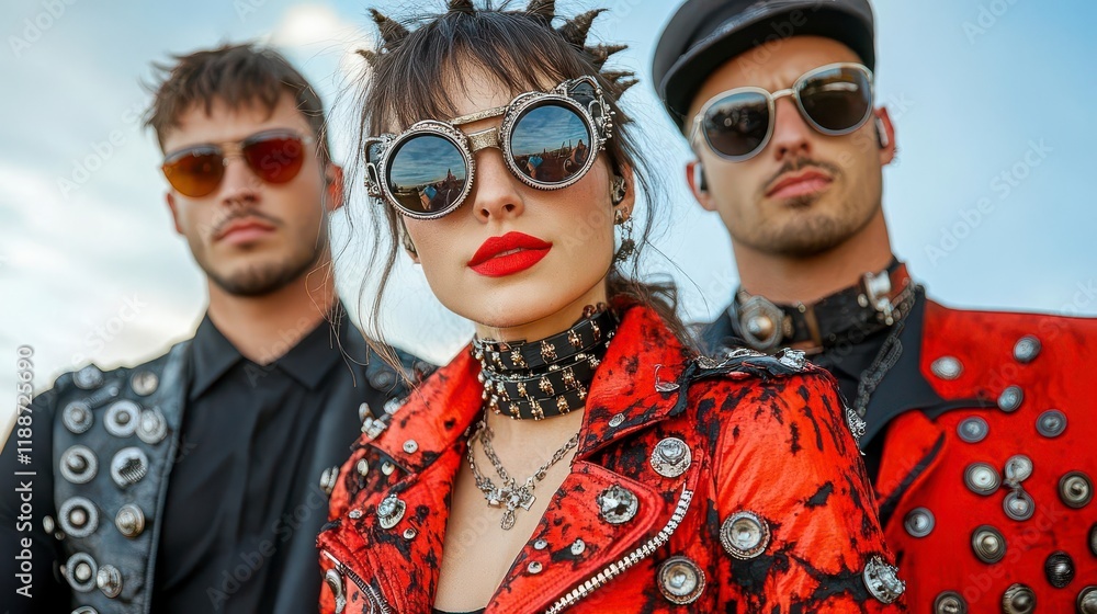 Steampunk trio: Bold red, edgy style, futuristic vibe. Steampunk trio: Bold red, edgy style, futuristic vibe.