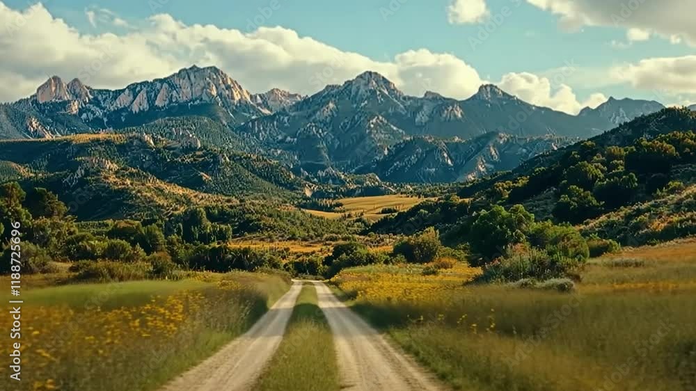Expansive mountain landscape with winding dirt road illuminated by bright sun Expansive mountain landscape with winding dirt road illuminated by bright sun