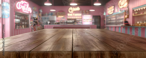 Wooden table, candy shop background