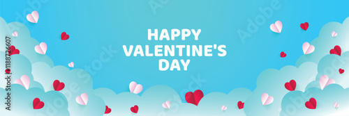 Valentine's Day concept frame. Vector illustration. 3d pink and white paper hearts on a geometric background. Cute love sale banner or greeting card	