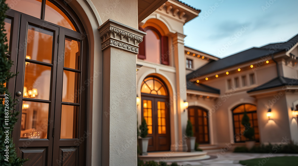 Luxury House Exterior at Dusk: Elegant Architecture and Design. A stunning modern mansion with classic details, showcasing beautiful landscaping and warm evening lighting. Luxury House Exterior at Dusk: Elegant Architecture and Design. A stunning modern mansion with classic details, showcasing beautiful landscaping and warm evening lighting.