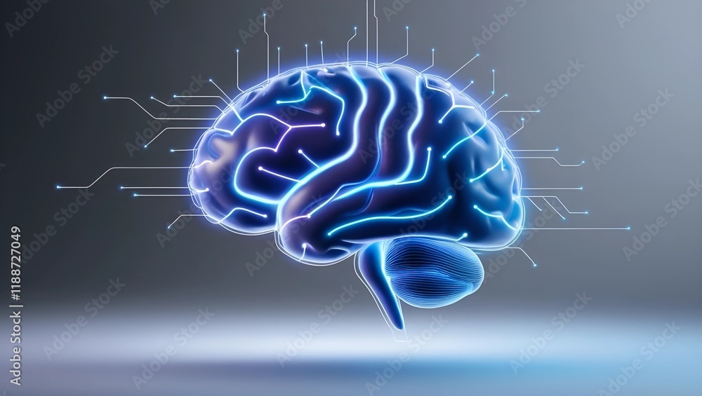 Fototapeta premium Stylized Human Brain with Glowing Interconnected Circuits in Blue and Violet