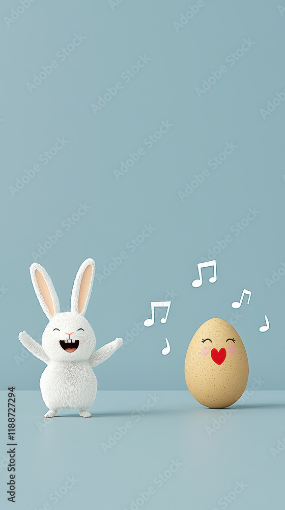 cheerful bunny with musical notes next to smiling egg, creating joyful scene cheerful bunny with musical notes next to smiling egg, creating joyful scene