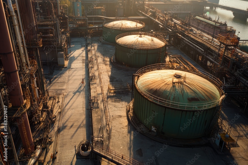 Aerial View of Industrial Tanks and Walkways Bathed in Strong Midday Sunlight, with Shadows Stretching Across the Deck of a Large Ship in a Port Setting Aerial View of Industrial Tanks and Walkways Bathed in Strong Midday Sunlight, with Shadows Stretching Across the Deck of a Large Ship in a Port Setting