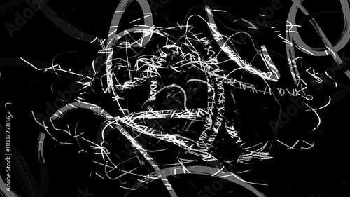Chaotic white lines and strokes create a dynamic and energetic abstract visual